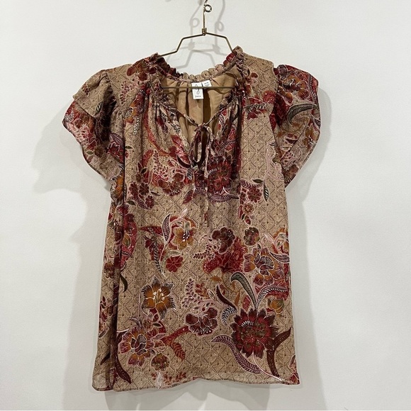 Joie Tops - Joie Floral metallic Cap Ruffle Sleeve Size Medium Lined Brown Red Blouse Top